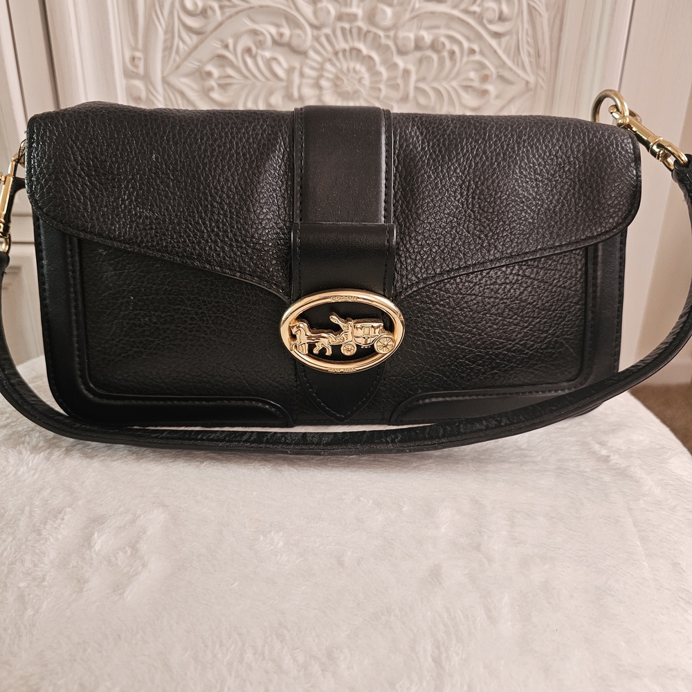 Black Leather Shoulder Bag with Coach Gold Horse & Carriage Emblem